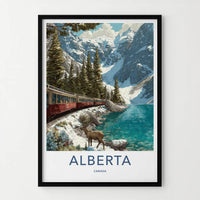 Alberta Poster - Canada Travel Illustration - Mountain Lake Train Home Decor