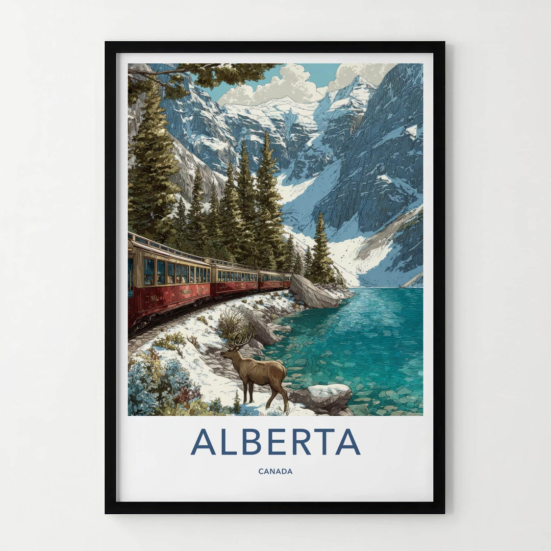 Alberta Poster - Canada Travel Illustration - Mountain Lake Train Home Decor