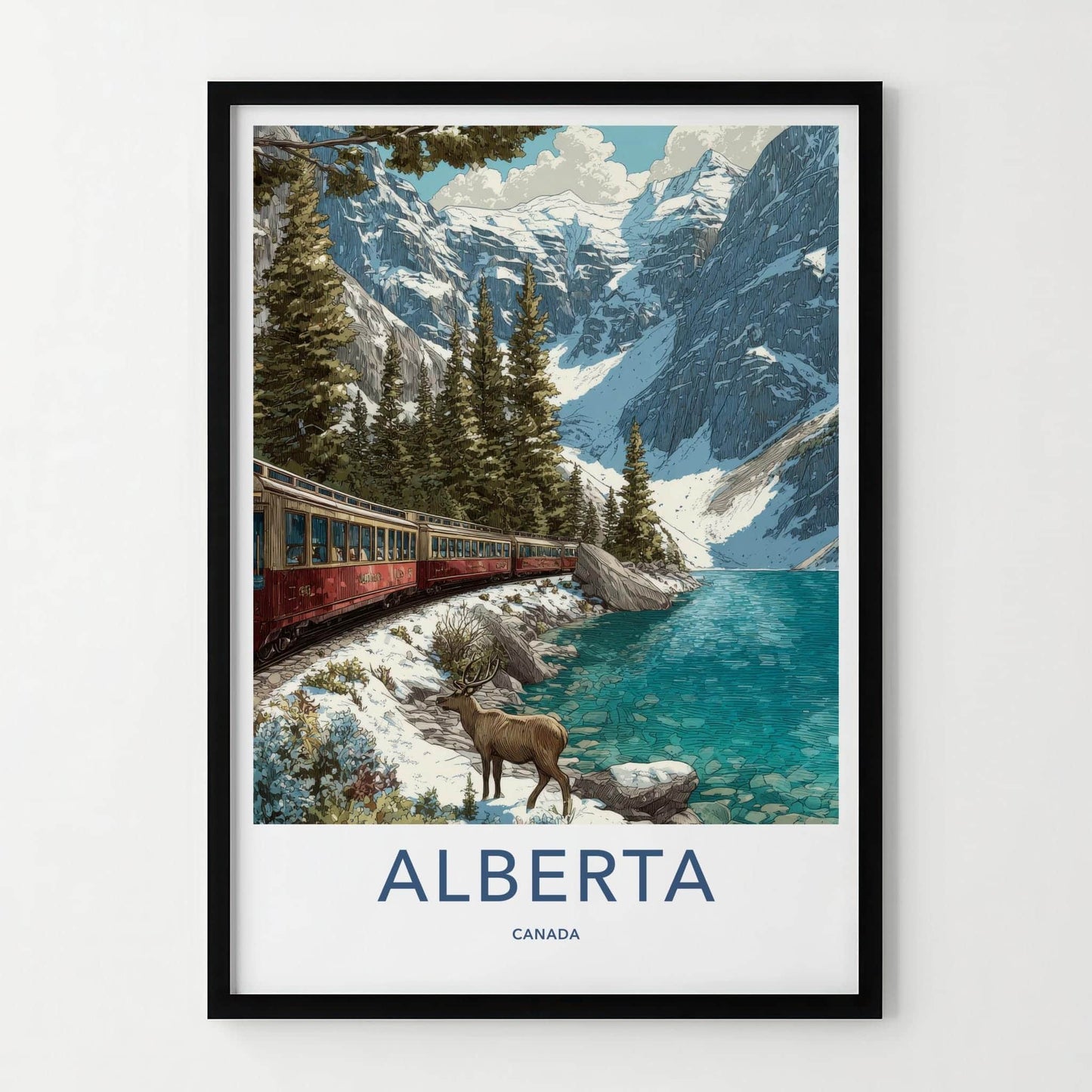 Alberta Poster - Canada Travel Illustration - Mountain Lake Train Home Decor