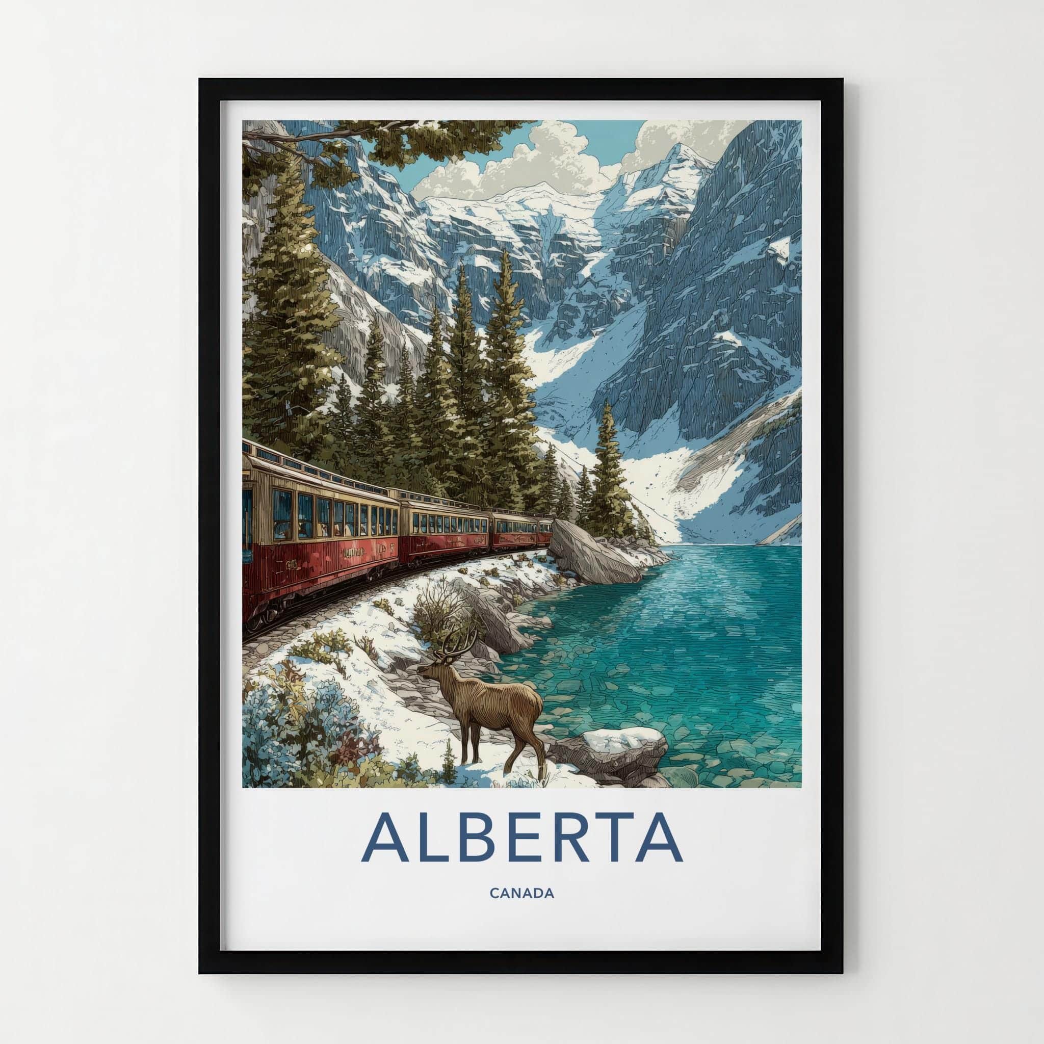 Alberta Poster - Canada Travel Illustration - Mountain Lake Train Home Decor