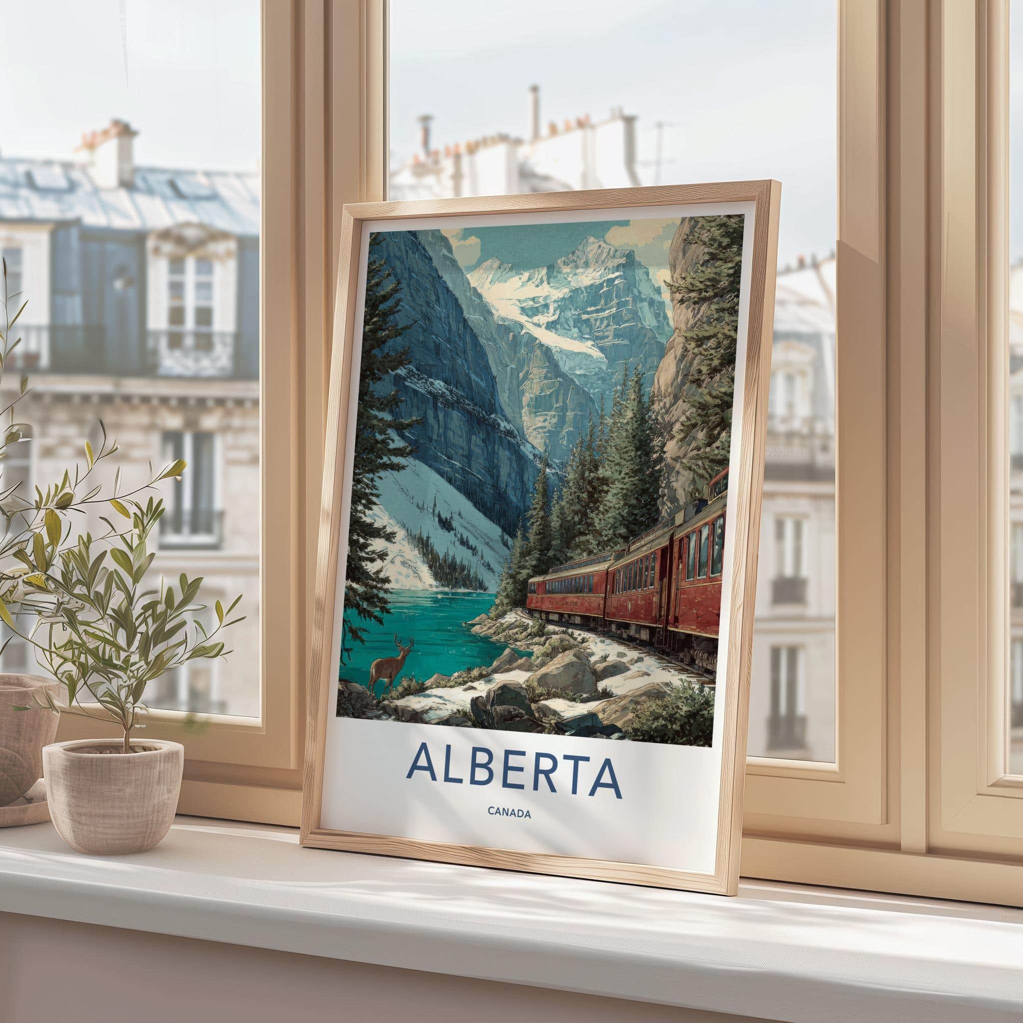 Alberta Poster - Canada Travel Illustration - Mountain lake train Wall Decor
