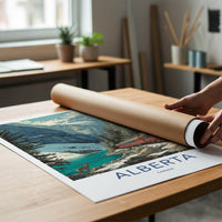 Alberta Poster - Canada Travel Illustration - Mountain lake train Wall Decor