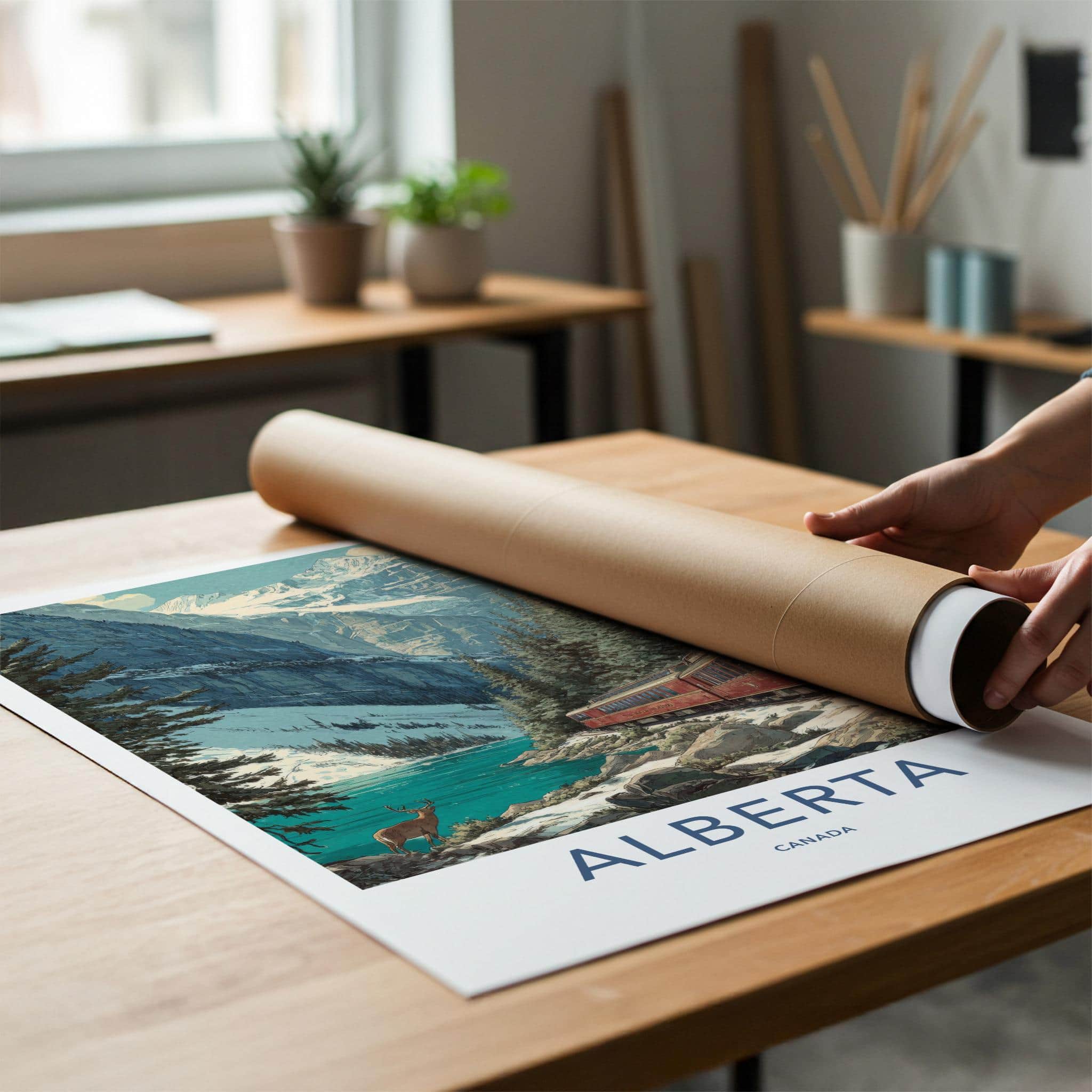 Alberta Poster - Canada Travel Illustration - Mountain lake train Wall Decor
