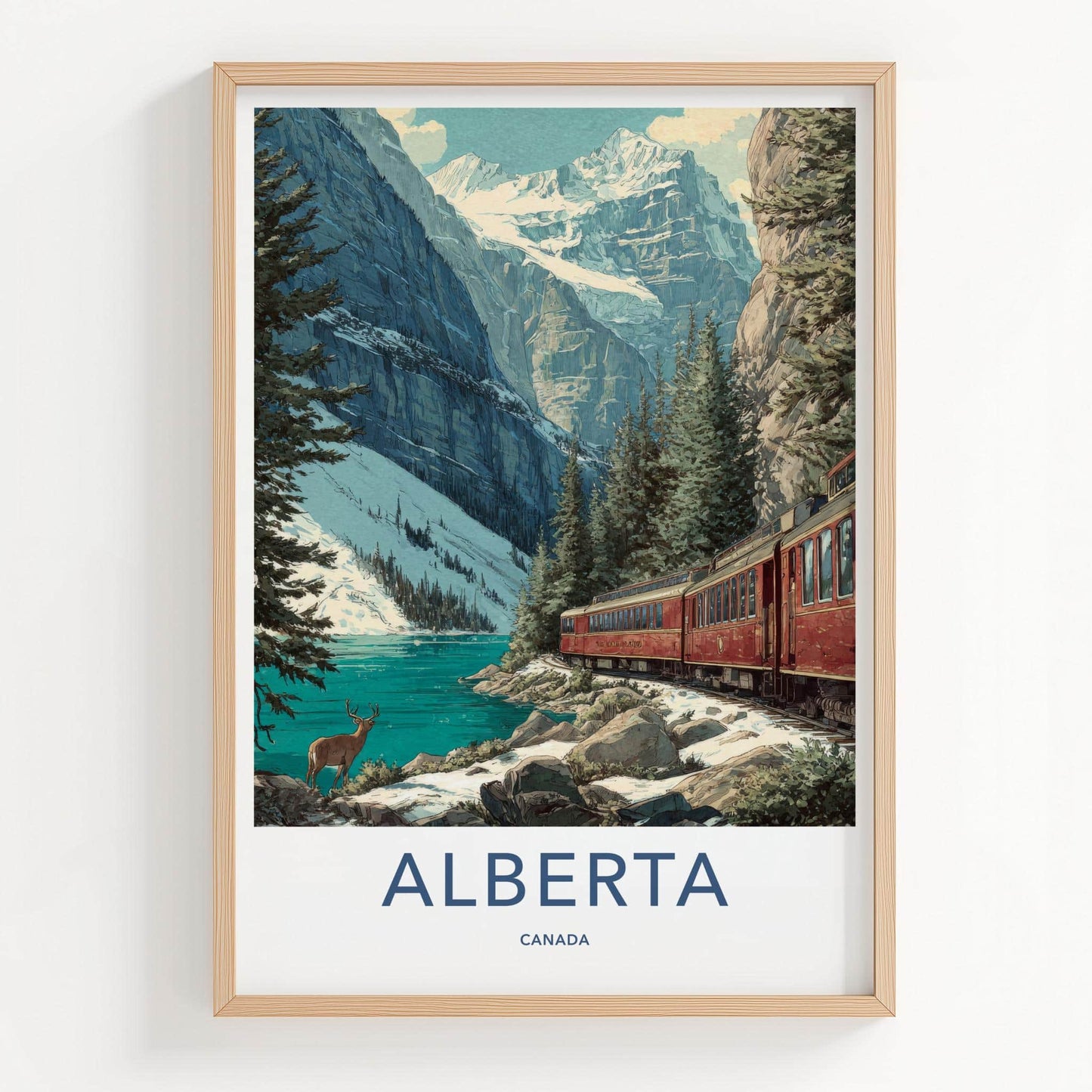 Alberta Poster - Canada Travel Illustration - Mountain lake train Wall Decor