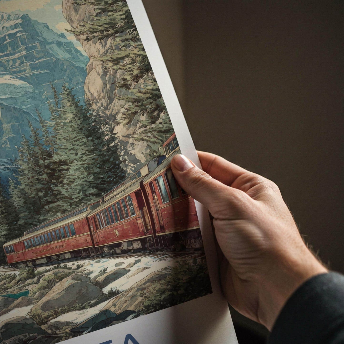 Alberta Poster - Canada Travel Illustration - Mountain lake train Wall Decor
