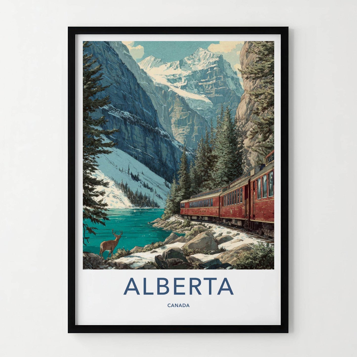 Alberta Poster - Canada Travel Illustration - Mountain lake train Wall Decor