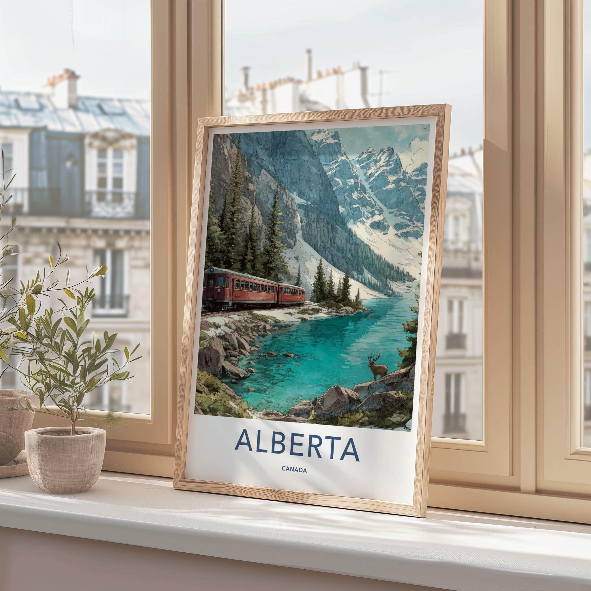 Alberta Poster - Canada Travel Illustration - Vibrant Mountain Lake Home Decor