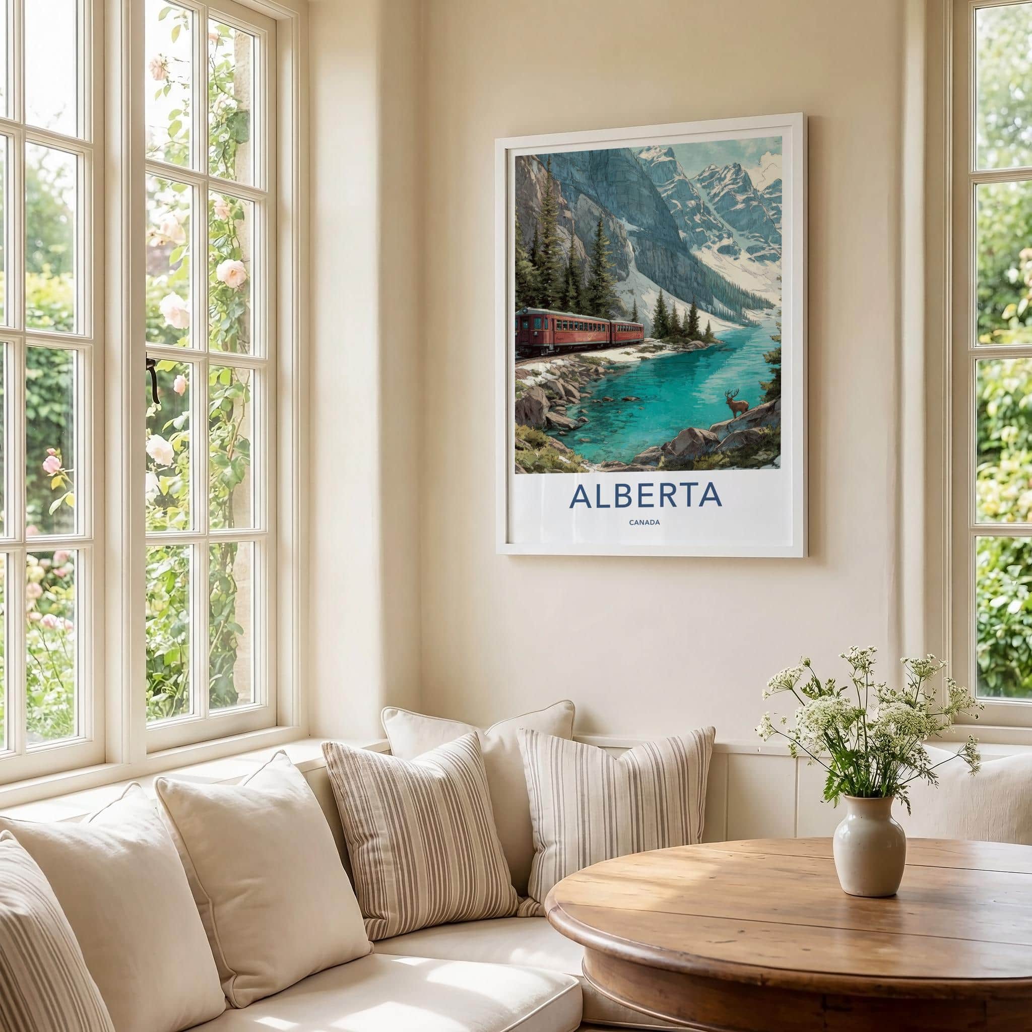 Alberta Poster - Canada Travel Illustration - Vibrant Mountain Lake Home Decor