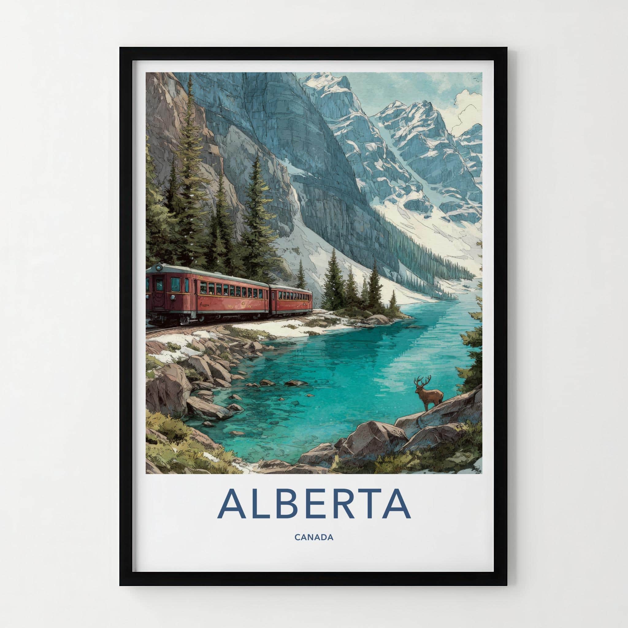 Alberta Poster - Canada Travel Illustration - Vibrant Mountain Lake Home Decor