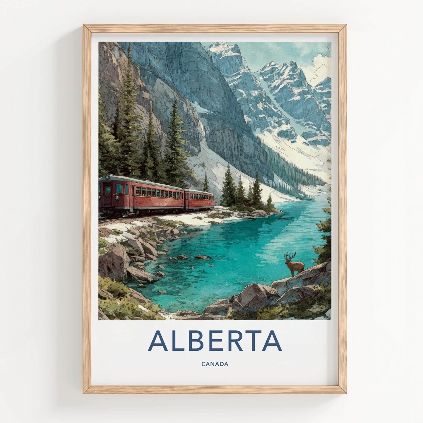 Alberta Poster - Canada Travel Illustration - Vibrant Mountain Lake Home Decor