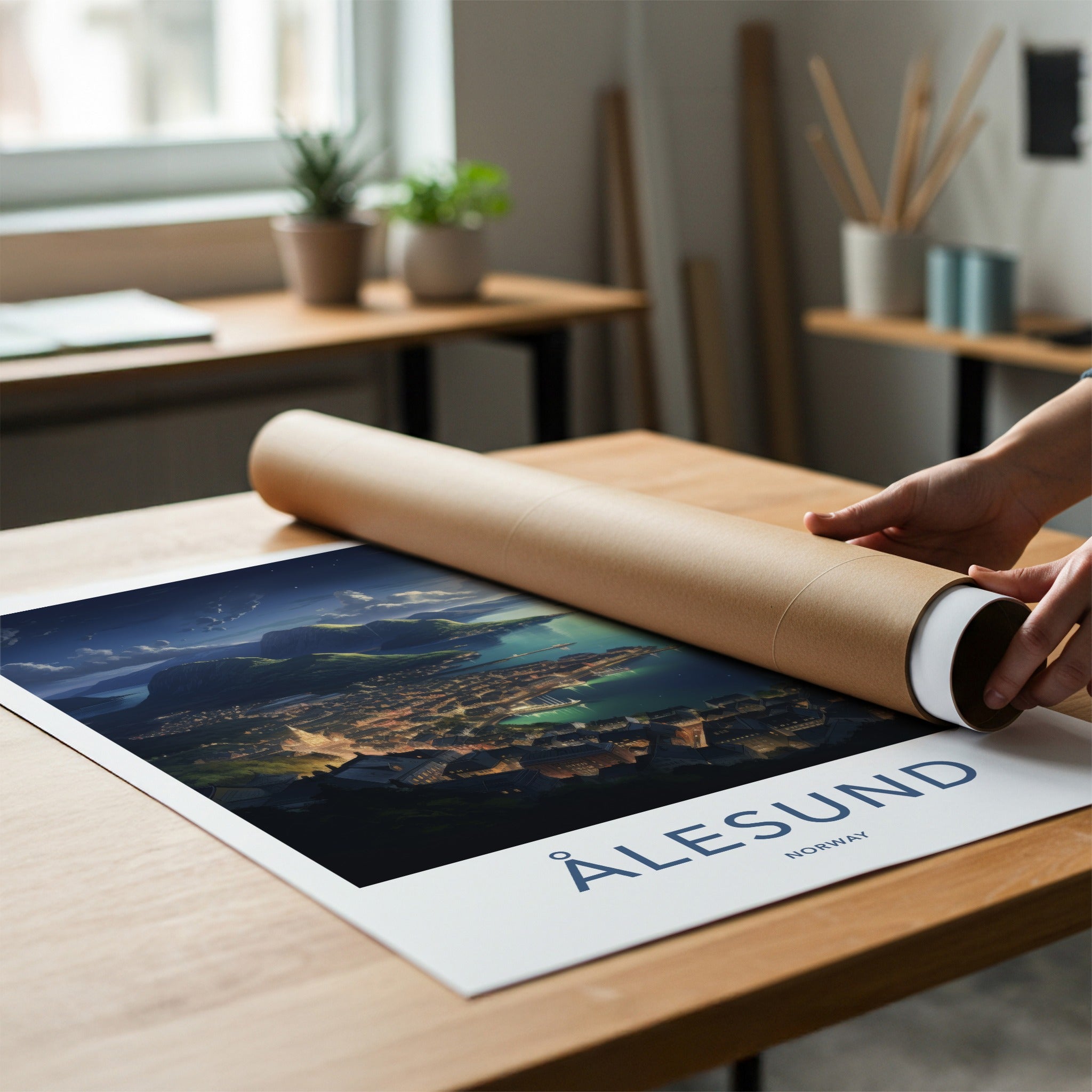 Alesund Poster - Norway Travel Art - Illuminated Coastal Town Home Decor