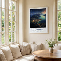 Alesund Poster - Norway Travel Art - Illuminated Coastal Town Home Decor