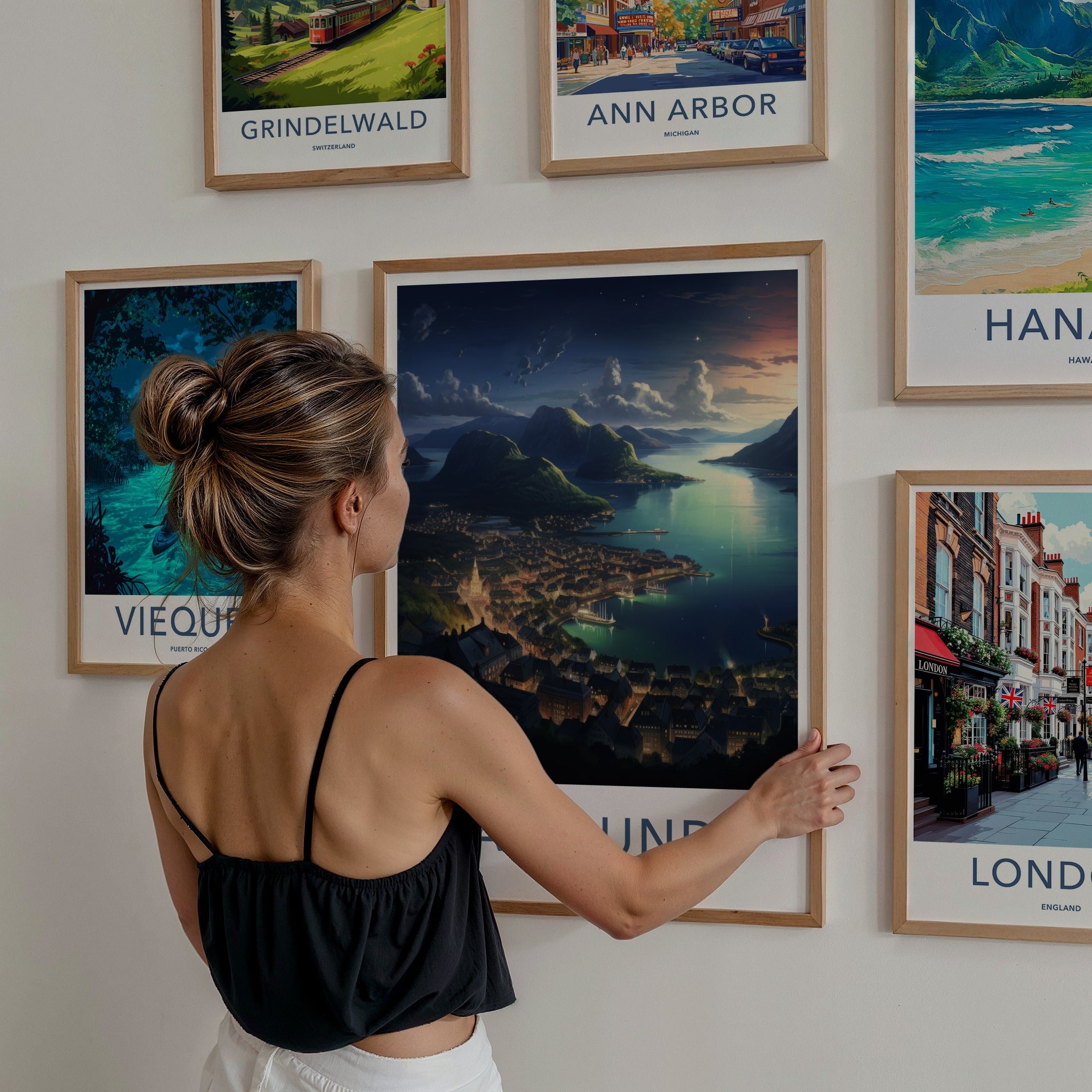 Alesund Poster - Norway Travel Art - Illuminated Coastal Town Home Decor