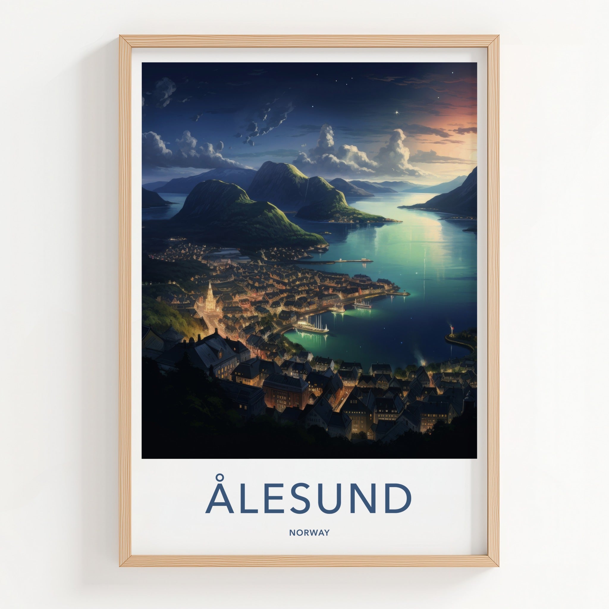 Alesund Poster - Norway Travel Art - Illuminated Coastal Town Home Decor