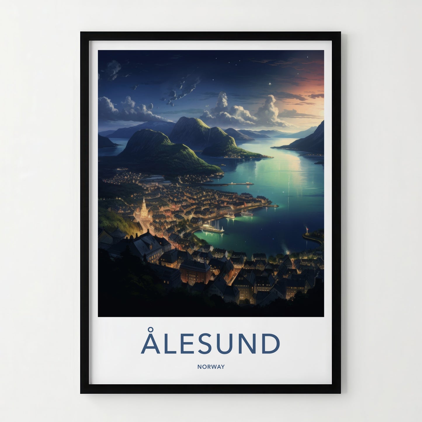 Alesund Poster - Norway Travel Art - Illuminated Coastal Town Home Decor
