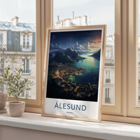 Alesund Poster - Norway Travel Art - Illuminated Coastal Town Home Decor