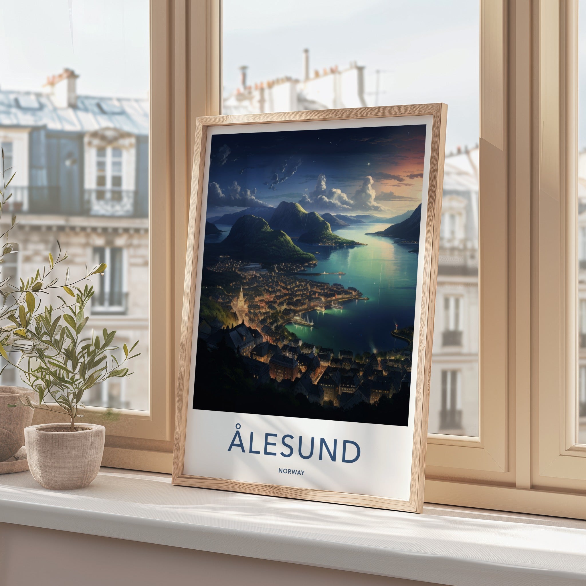 Alesund Poster - Norway Travel Art - Illuminated Coastal Town Home Decor