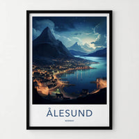 Alesund Poster - Norway Travel Art - Illuminated Coastal Town Home Decor
