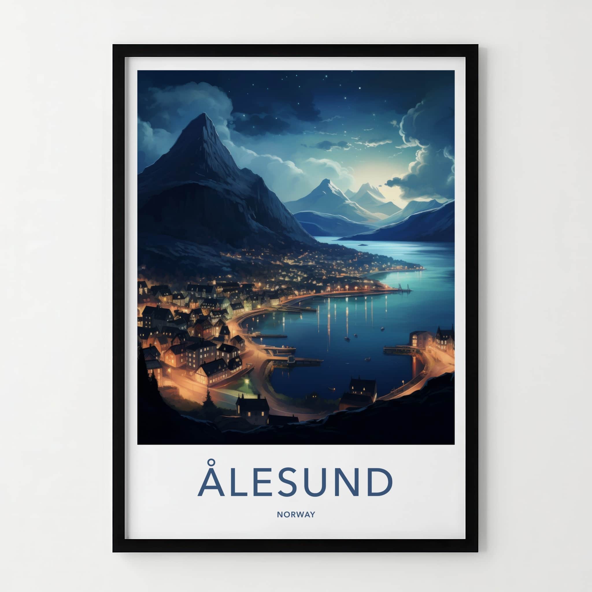 Alesund Poster - Norway Travel Art - Illuminated Coastal Town Home Decor
