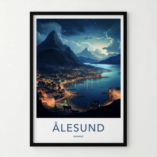 Alesund Poster - Norway Travel Art - Illuminated Coastal Town Home Decor