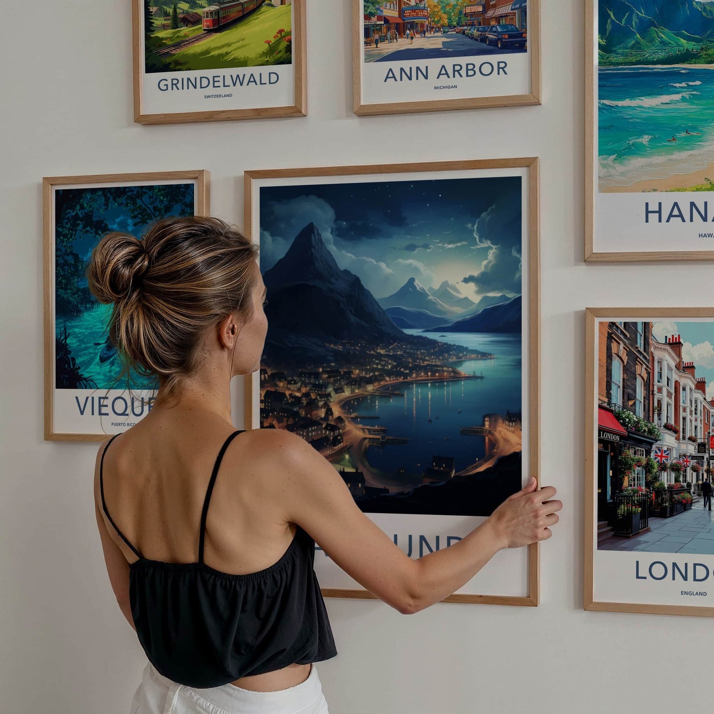 Alesund Poster - Norway Travel Art - Illuminated Coastal Town Home Decor
