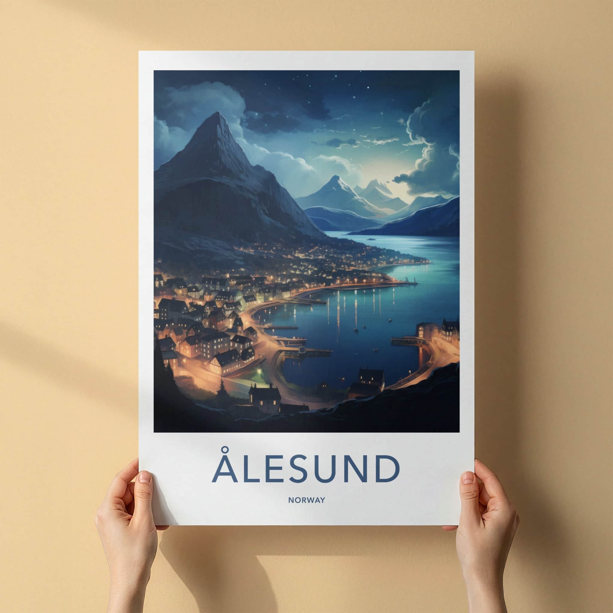 Alesund Poster - Norway Travel Art - Illuminated Coastal Town Home Decor