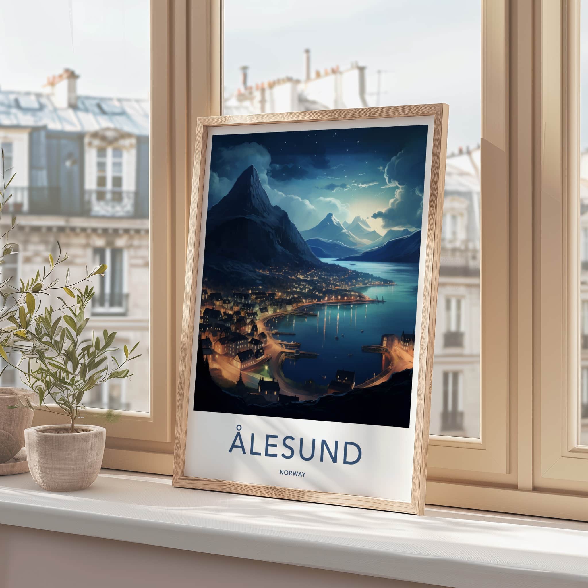 Alesund Poster - Norway Travel Art - Illuminated Coastal Town Home Decor