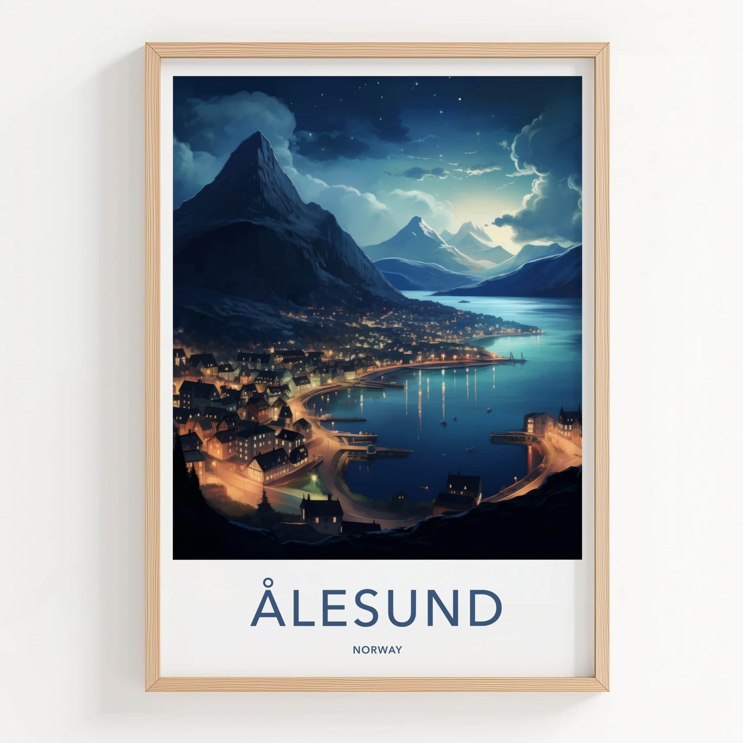 Alesund Poster - Norway Travel Art - Illuminated Coastal Town Home Decor