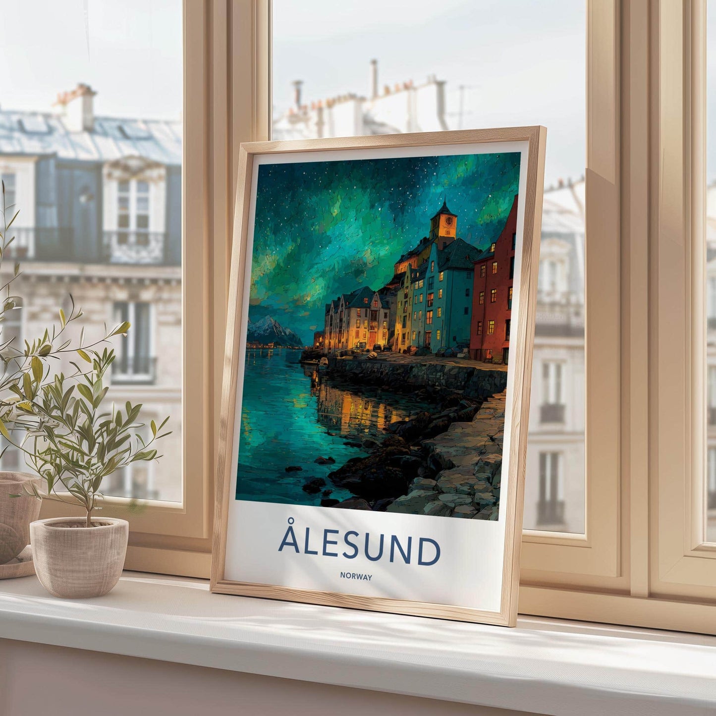Alesund Poster - Norway Travel Illustration - Aurora Waterfront Town Wall Decor