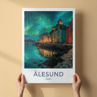 Alesund Poster - Norway Travel Illustration - Aurora Waterfront Town Wall Decor