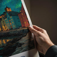 Alesund Poster - Norway Travel Illustration - Aurora Waterfront Town Wall Decor