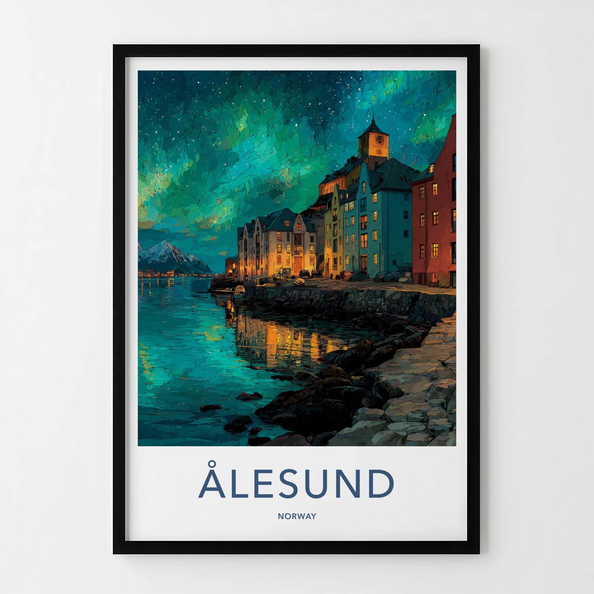 Alesund Poster - Norway Travel Illustration - Aurora Waterfront Town Wall Decor