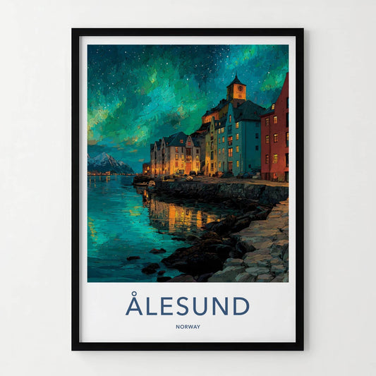 Alesund Poster - Norway Travel Illustration - Aurora Waterfront Town Wall Decor