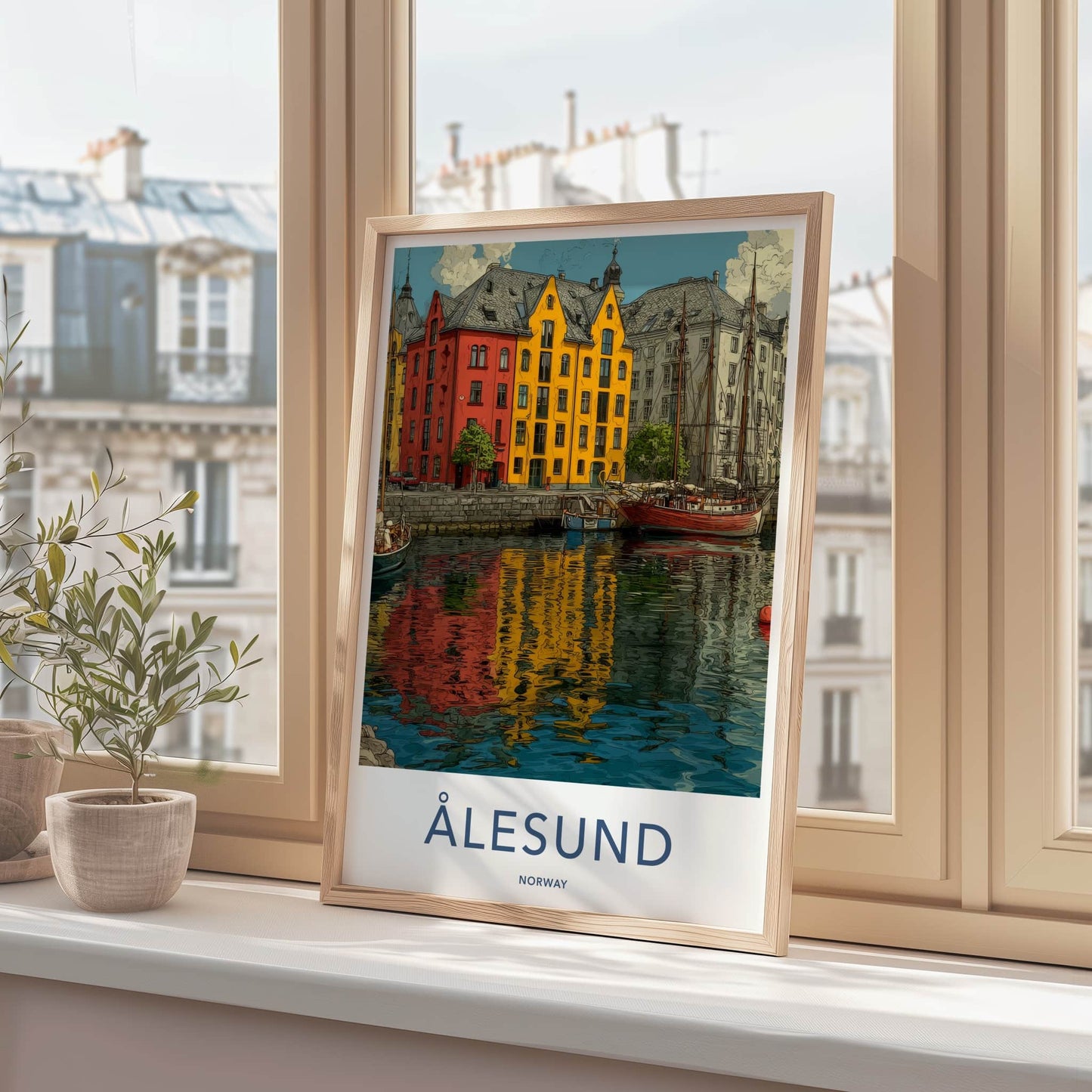 Alesund Poster - Norway Wall Art - Colorful Buildings Harbor Gift