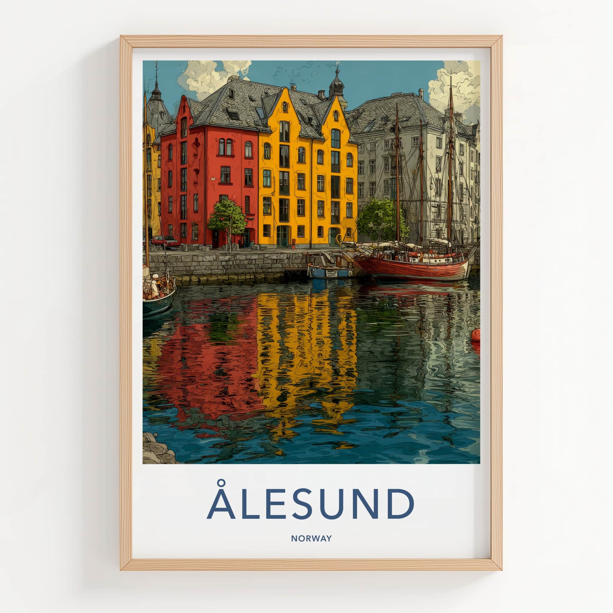 Alesund Poster - Norway Wall Art - Colorful Buildings Harbor Gift