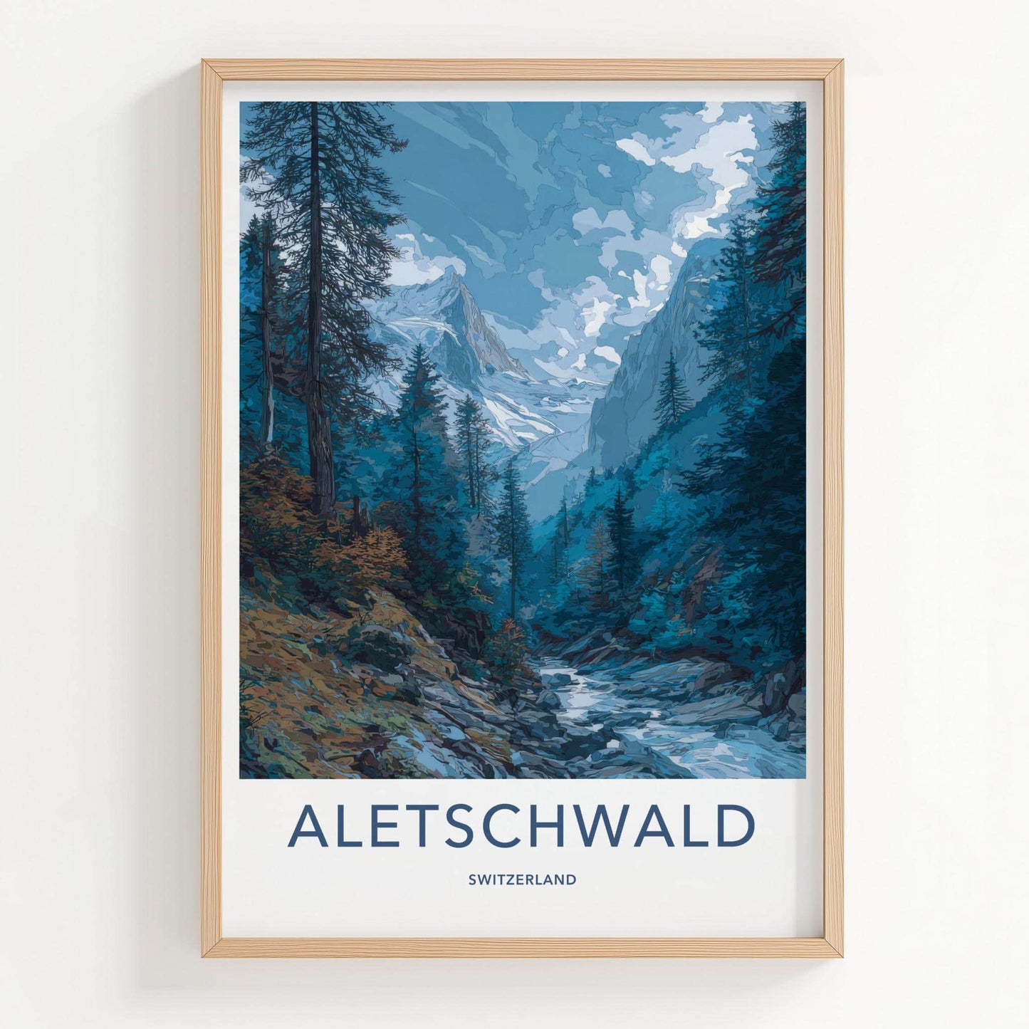 Aletschwald Poster - Switzerland Travel Illustration - Alpine Glacier Valley Wall Decor