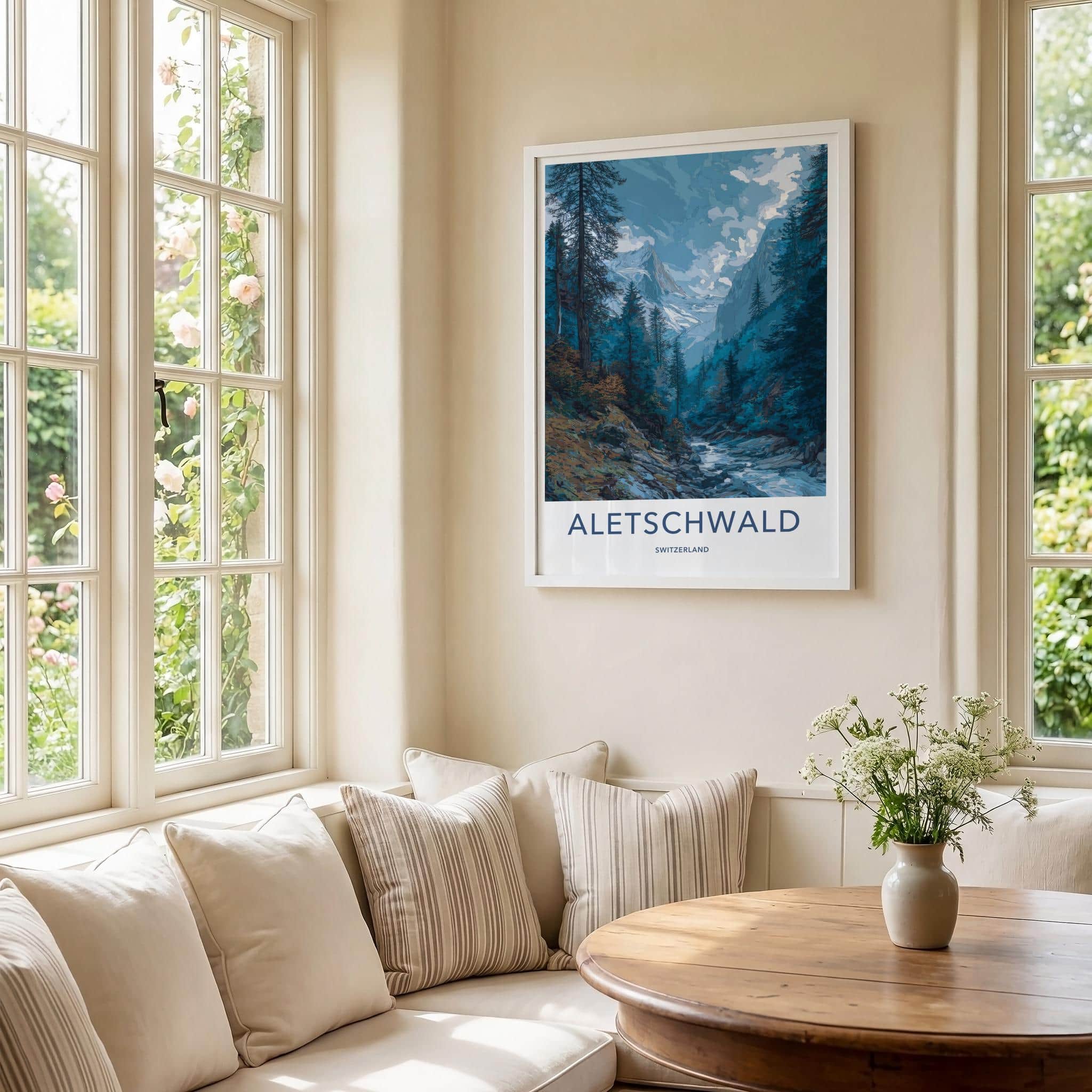 Aletschwald Poster - Switzerland Travel Illustration - Alpine Glacier Valley Wall Decor