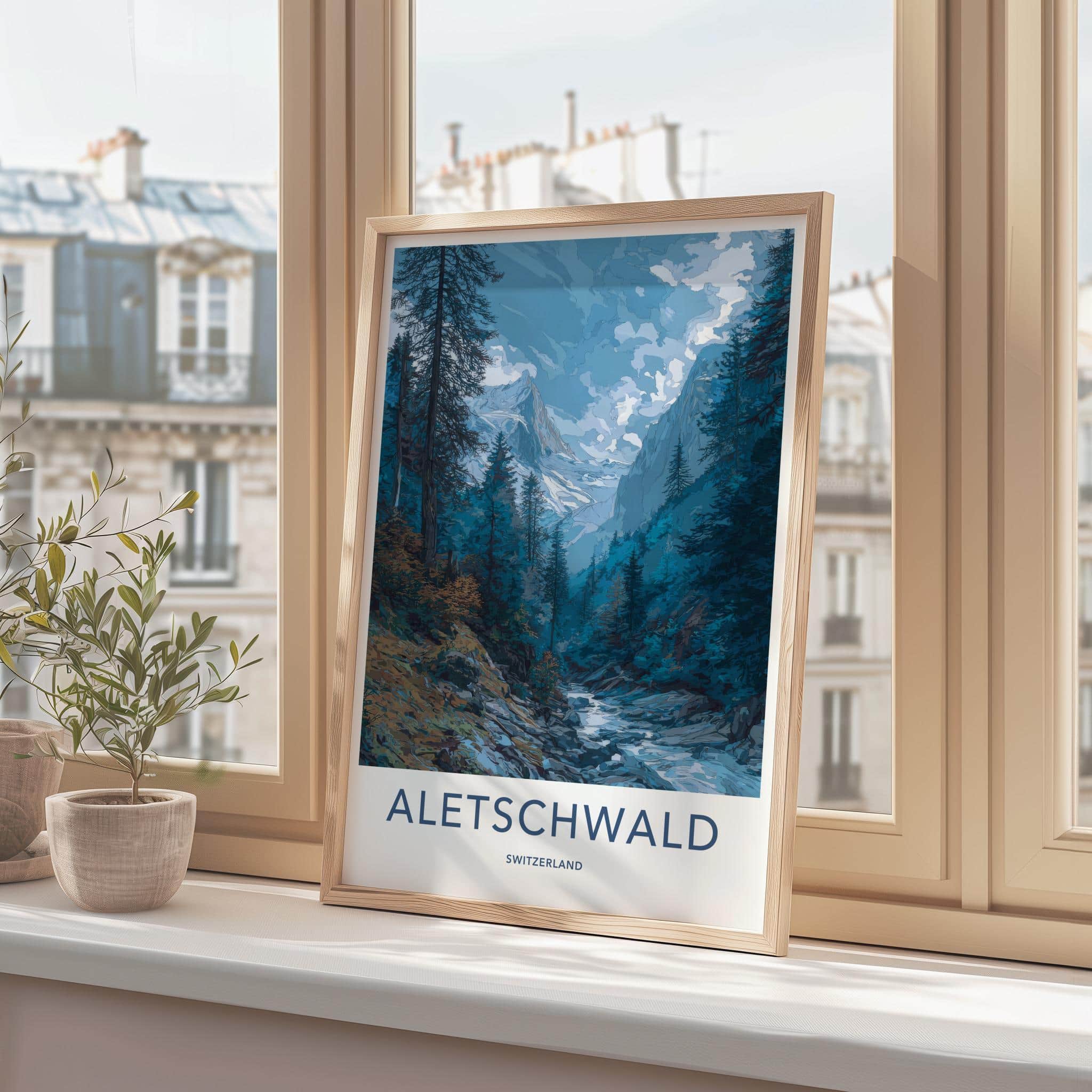 Aletschwald Poster - Switzerland Travel Illustration - Alpine Glacier Valley Wall Decor