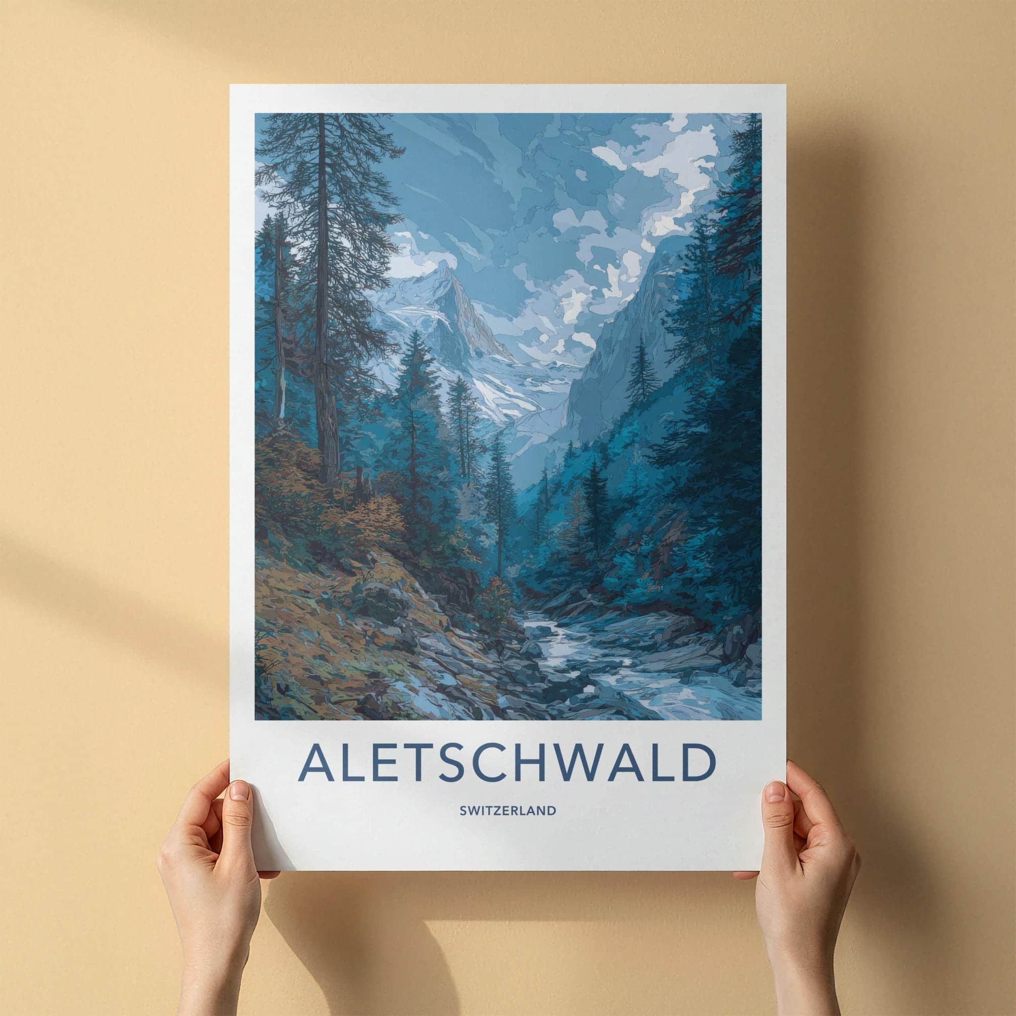 Aletschwald Poster - Switzerland Travel Illustration - Alpine Glacier Valley Wall Decor