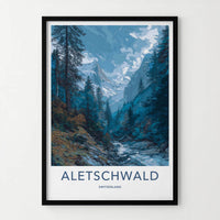 Aletschwald Poster - Switzerland Travel Illustration - Alpine Glacier Valley Wall Decor