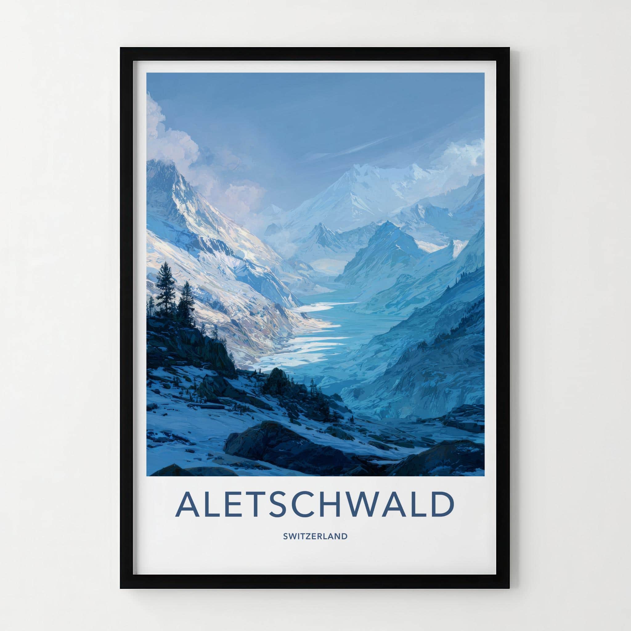 Aletschwald Poster - Switzerland Travel Illustration - Icy mountain valley Home Decor