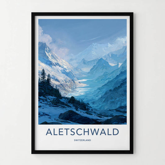 Aletschwald Poster - Switzerland Travel Illustration - Icy mountain valley Home Decor
