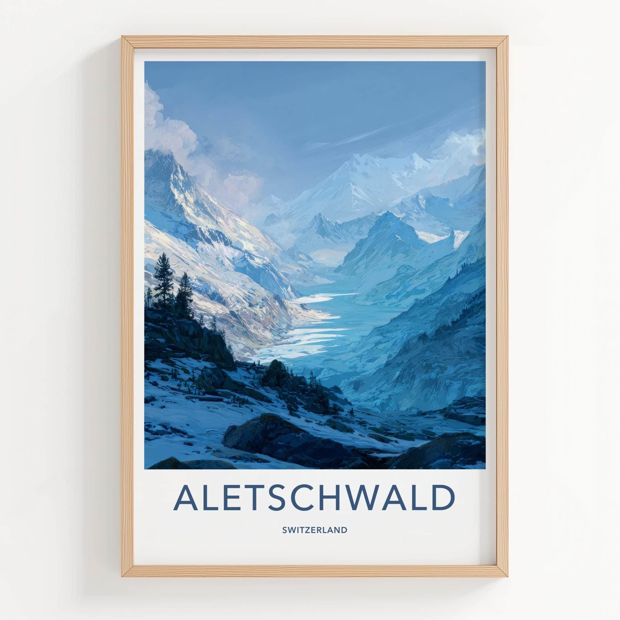 Aletschwald Poster - Switzerland Travel Illustration - Icy mountain valley Home Decor