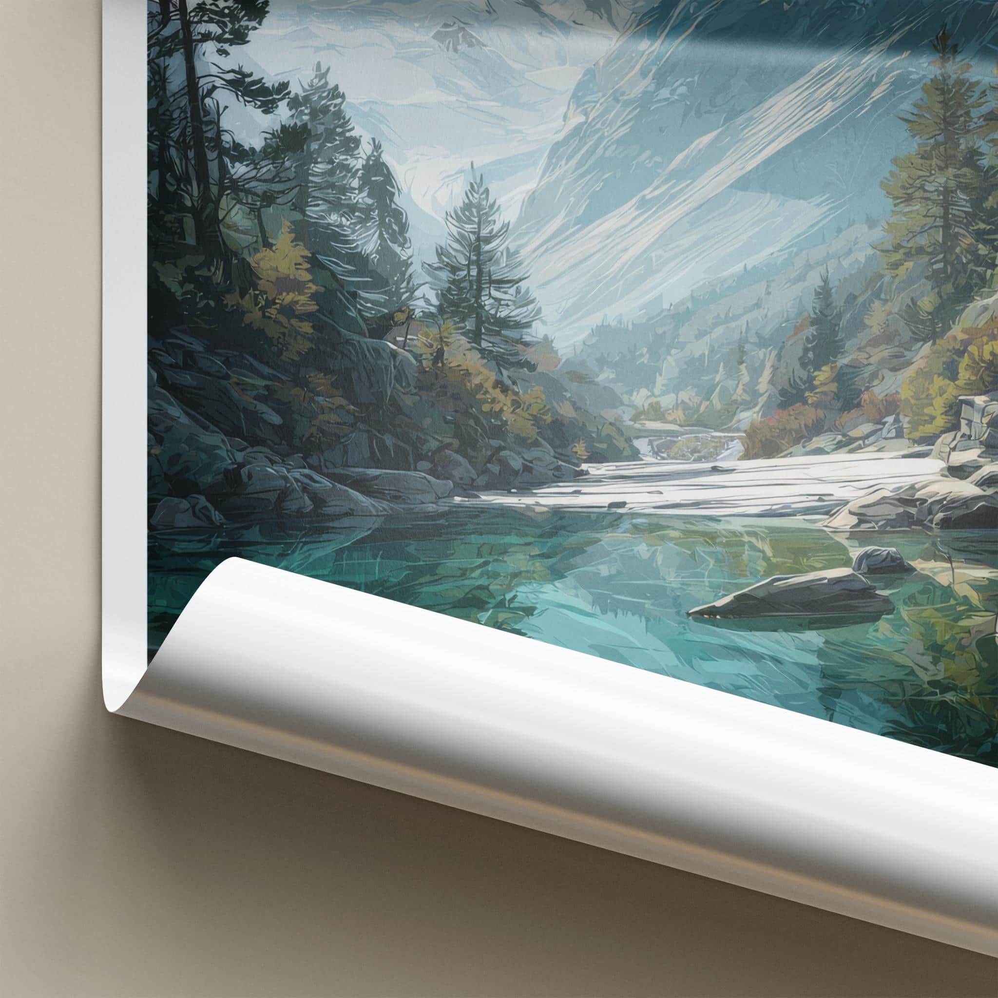Aletschwald Poster - Switzerland Travel Illustration - Serene Lake Mountains Wall Decor