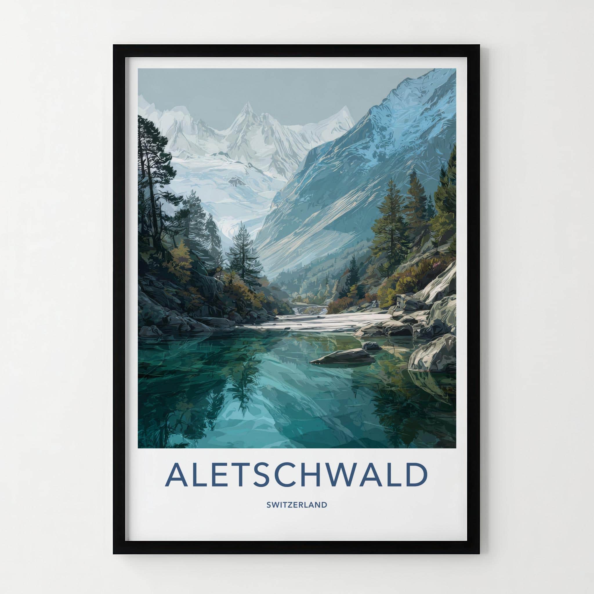 Aletschwald Poster - Switzerland Travel Illustration - Serene Lake Mountains Wall Decor