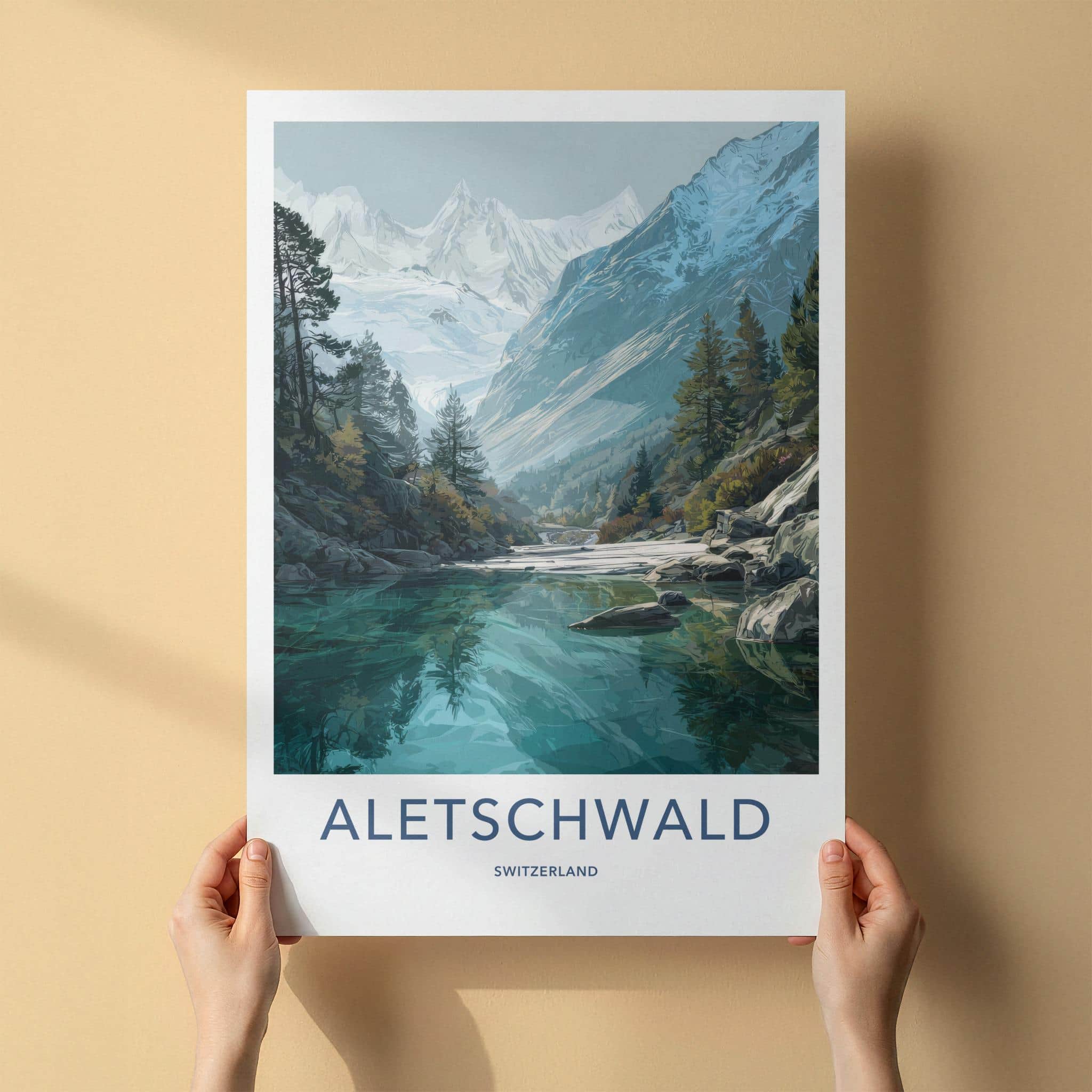 Aletschwald Poster - Switzerland Travel Illustration - Serene Lake Mountains Wall Decor
