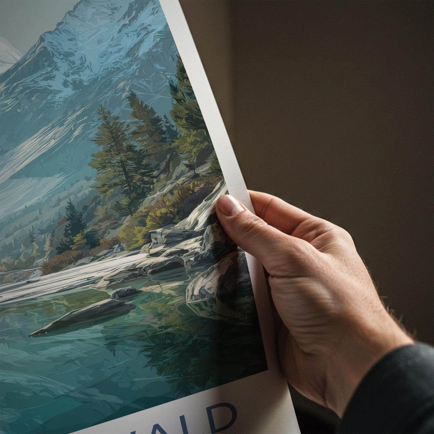 Aletschwald Poster - Switzerland Travel Illustration - Serene Lake Mountains Wall Decor