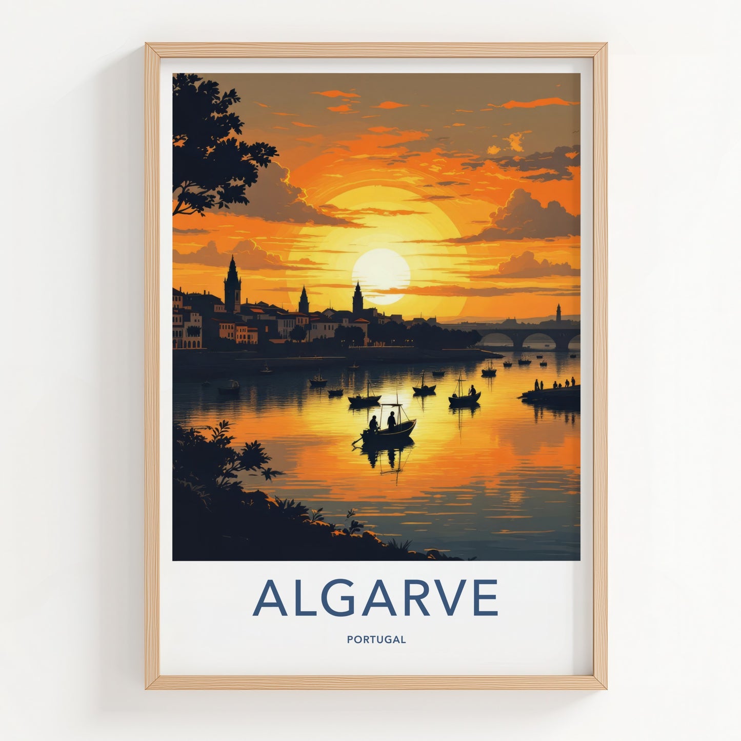 Algarve Poster - Portugal Travel Print - Golden Sunset Boats Wall Decor