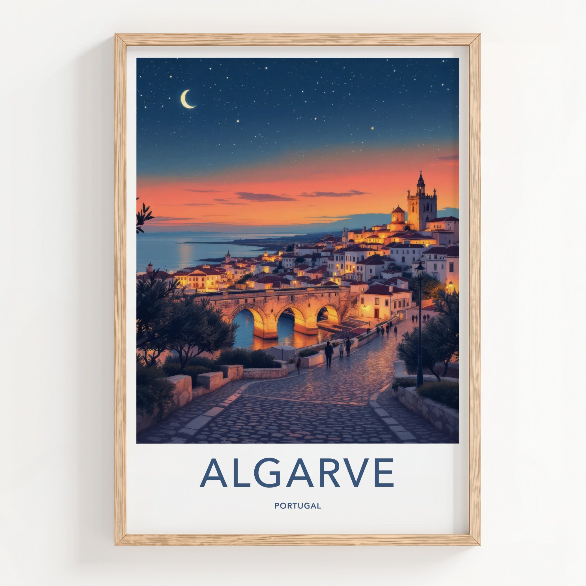 Algarve Poster - Portugal Travel Print - Moonlit Coastal Town Home Decor