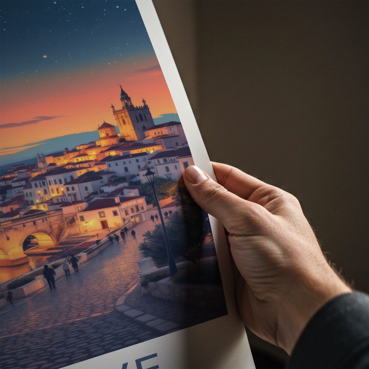 Algarve Poster - Portugal Travel Print - Moonlit Coastal Town Home Decor